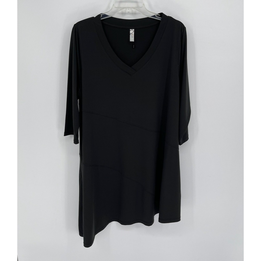 Aria Handmade Women's‎ Black V-Neck Asymmetrical Hem Seamed Tunic Top Size 1XL